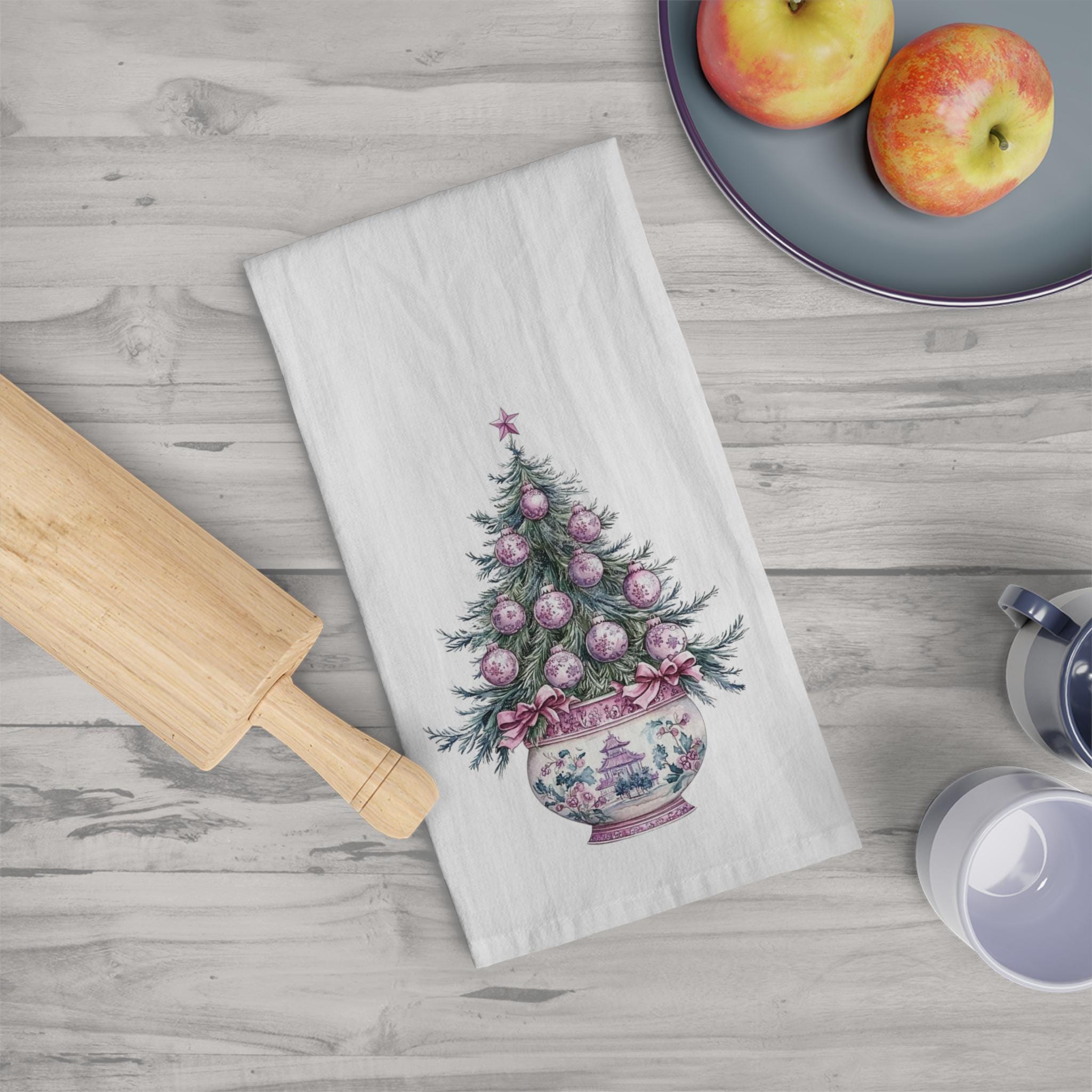 Pink Chinoiserie Christmas Tree Kitchen Towel Pink Coquette Bow Chinoiserie Pagoda Cotton Tea Towel Decorative Hand Towel Christmas Gift