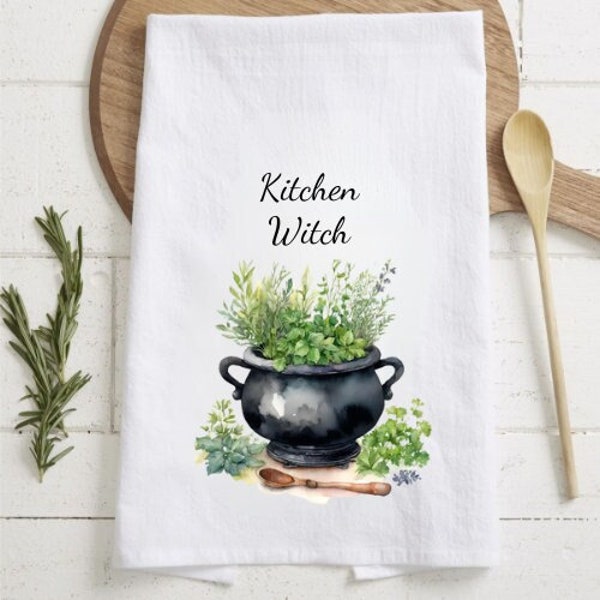 Kitchen Witch Tea Towel, Kitchen Witch Decor, Cauldron, Gift for Witch, Herb Gifts, Witch Kitchen, Cooking Gift, Hostess Gift, Kitchen Decor