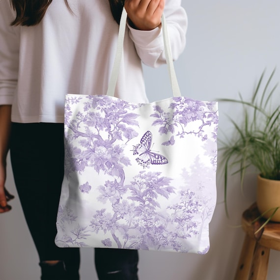 Purple Toile Butterfly Garden Tote Bag Elegant Women's Carryall