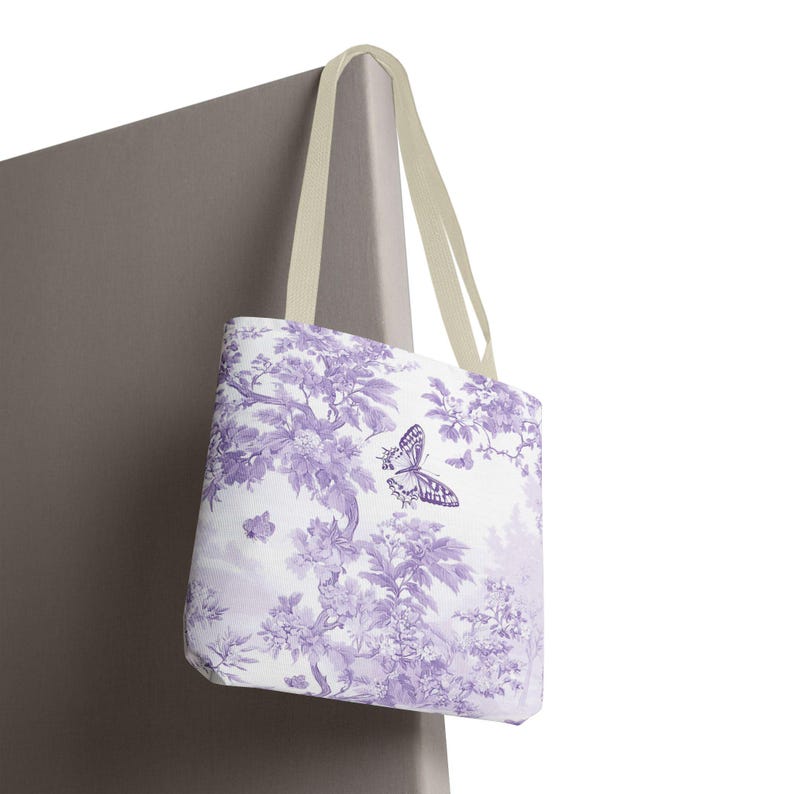Purple Toile Butterfly Garden Tote Bag Elegant Women's Carryall image 7