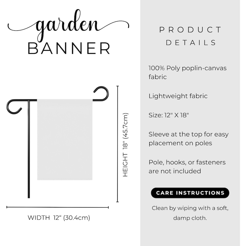 Puede incluir: Una pancarta de jard&iacute;n blanca con el texto "garden BANNER" en escritura negra. La pancarta mide 30,4 cm de ancho y 45,7 cm de alto, y se muestra en un soporte de metal negro. La pancarta est&aacute; hecha de tela ligera.