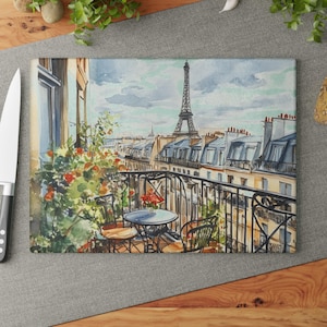 Watercolor Paris Cafe Floral Balcony View Glass Cutting Board Paris Eiffel Tower Kitchen Art Print Decorative Board Paris Kitchen Decor