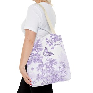 Purple Toile Butterfly Garden Tote Bag Elegant Women's Carryall image 6