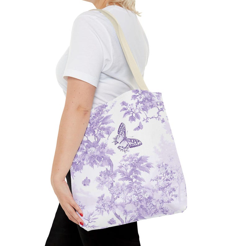 Purple Toile Butterfly Garden Tote Bag Elegant Women's Carryall image 6