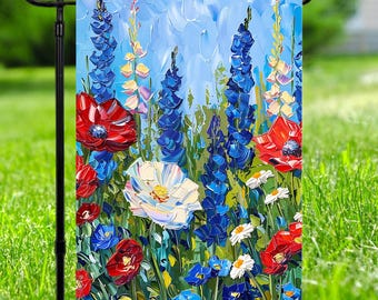 Bandera patriótica de jardín con flores silvestres del 4 de julio (imitación de pintura al óleo)