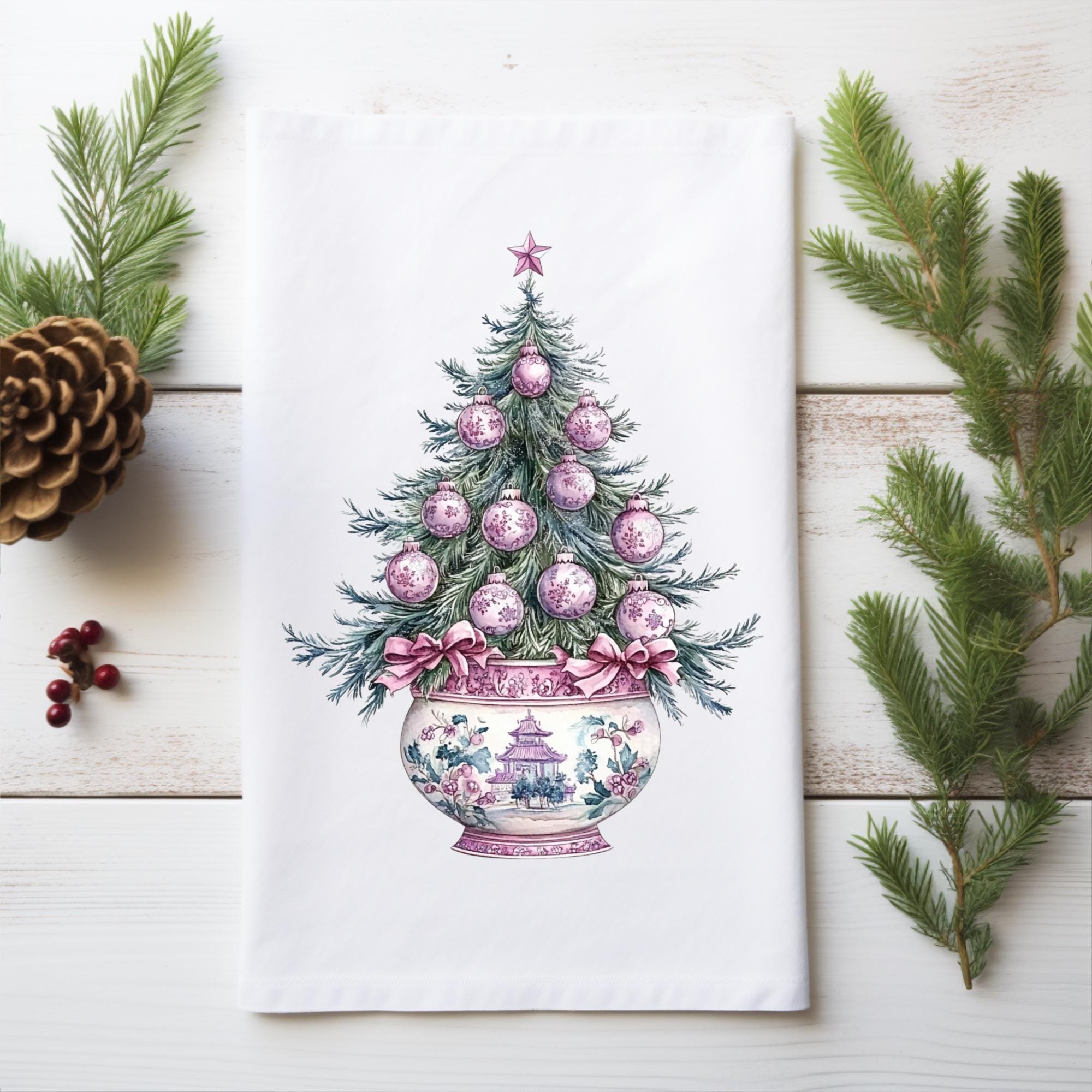 Pink Chinoiserie Christmas Tree Kitchen Towel Pink Coquette Bow Chinoiserie Pagoda Cotton Tea Towel Decorative Hand Towel Christmas Gift