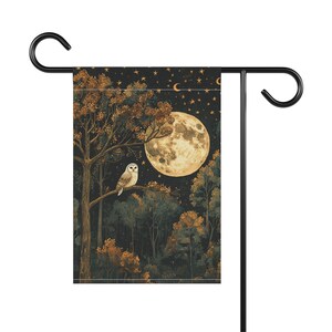 Bandera de jardín con búho nocturno y luna llena melancólica, decoración otoñal para patio o bosque (12x18) imagen 5