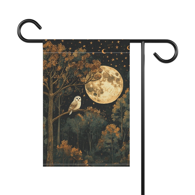 Bandera de jardín con búho nocturno y luna llena melancólica, decoración otoñal para patio o bosque (12x18) imagen 5