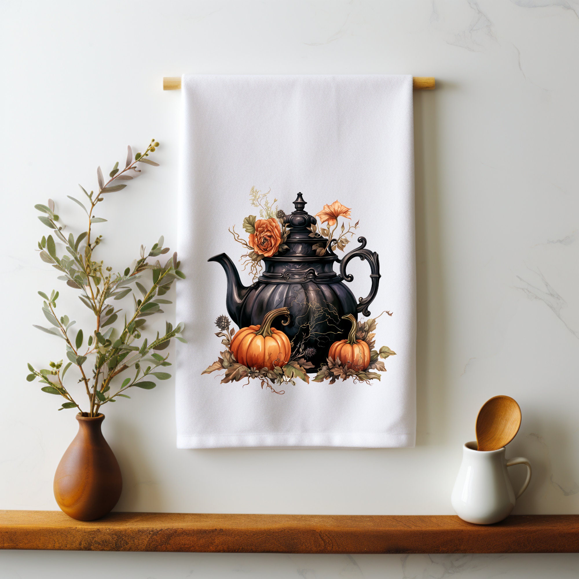 Vintage Gothic Halloween Teapot Tea Towel Vintage Halloween Pumpkins Witches Teapot Autumn Fall Kitchen Decor For Tea Lovers Kitchen Towel