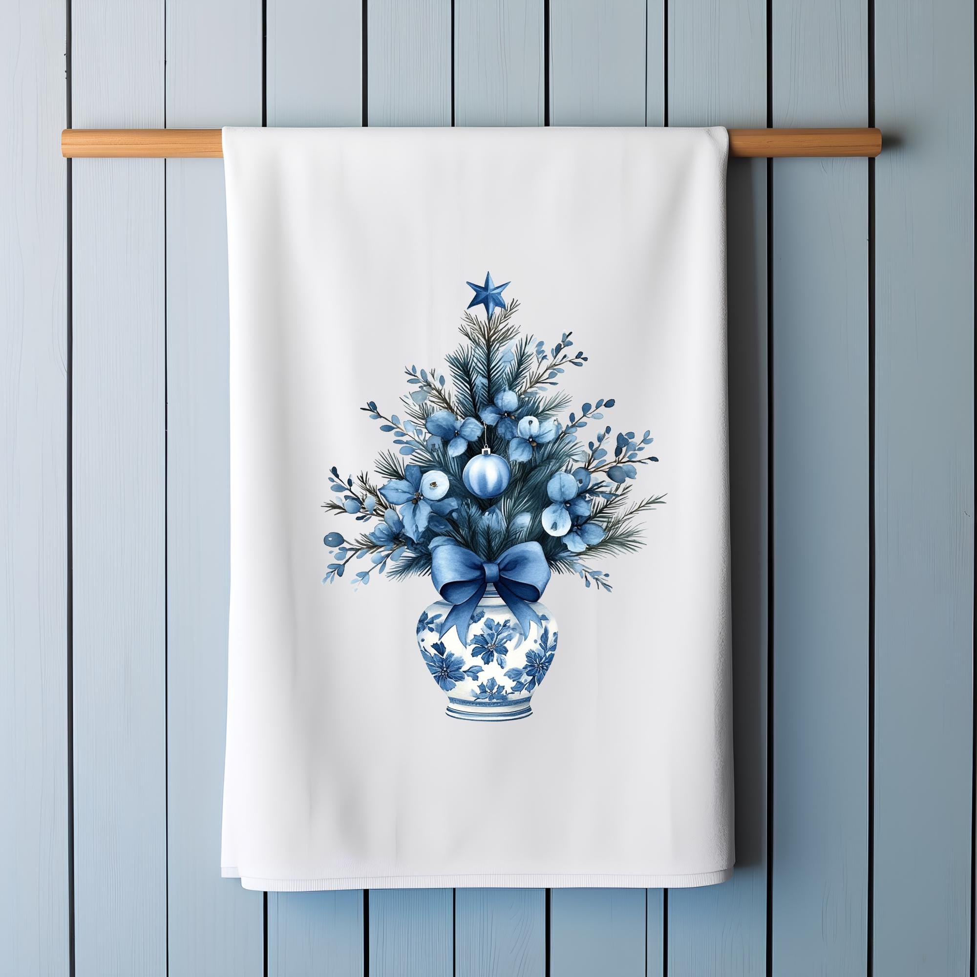Christmas Blue Chinoiserie Kitchen Towel Mini Christmas Tree Coquette Bow Chinoiserie Tea Towel Blue Christmas Elegance Tea Towel