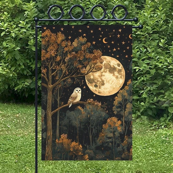 Moody Full Moon Night Owl Garden Flag Autumn Forest Patio Decor (12x18)
