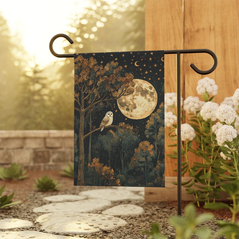 Bandera de jardín con búho nocturno y luna llena melancólica, decoración otoñal para patio o bosque (12x18) imagen 4