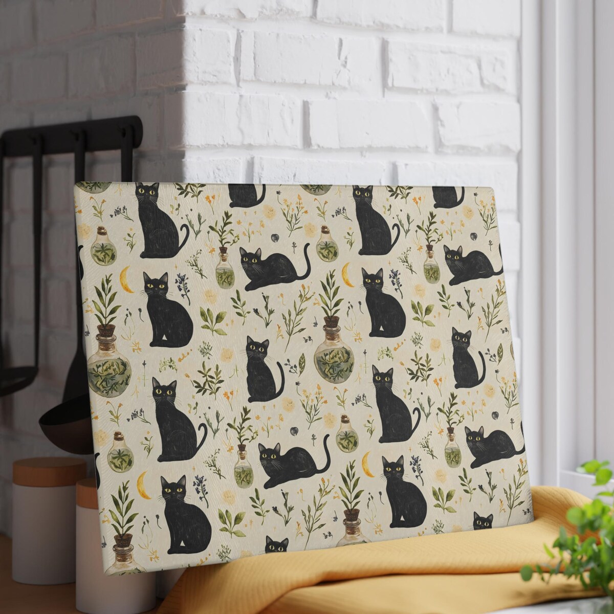 Black Cat Cutting Board Mystical Celestial Herbs Tempered Glass