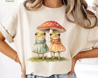 Cottagecore Frogs Toadstool Mushroom Shirt Coquette Girly Toads Whimsy Nature Cotton Tee