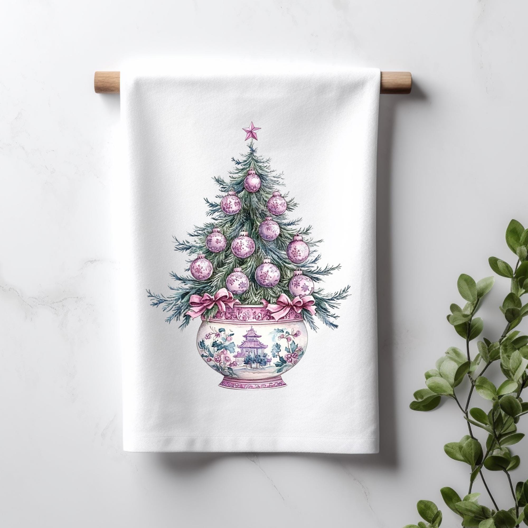 Pink Chinoiserie Christmas Tree Kitchen Towel Pink Coquette Bow Chinoiserie Pagoda Cotton Tea Towel Decorative Hand Towel Christmas Gift