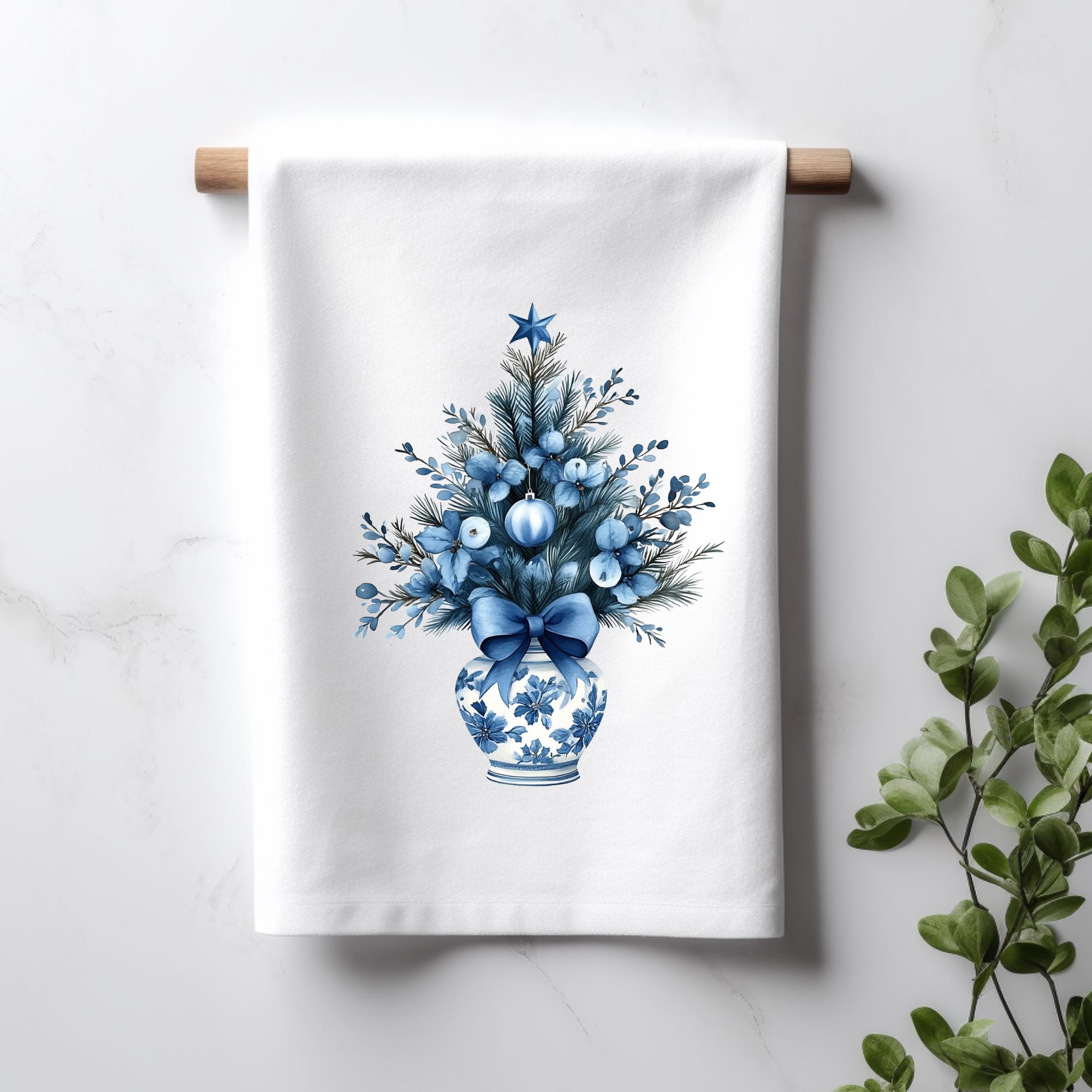 Christmas Blue Chinoiserie Kitchen Towel Mini Christmas Tree Coquette Bow Chinoiserie Tea Towel Blue Christmas Elegance Tea Towel