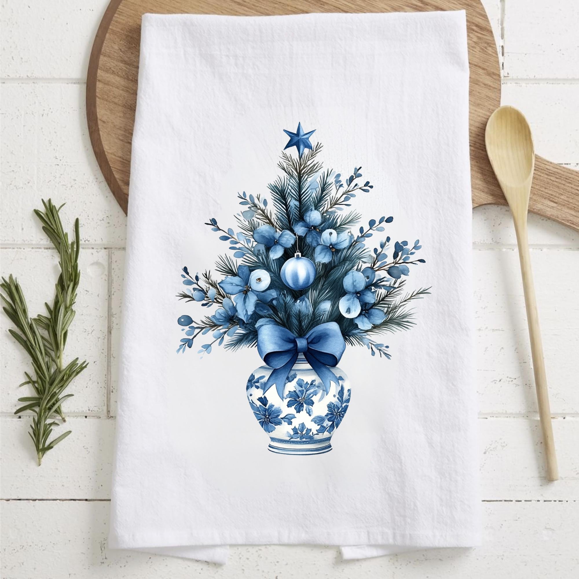 Christmas Blue Chinoiserie Kitchen Towel Mini Christmas Tree Coquette Bow Chinoiserie Tea Towel Blue Christmas Elegance Tea Towel