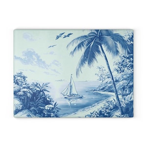 Blue Toile Tropical Beach Glass Cutting Board Blue Sailboat Art Print Beach Lover Decorative Coastal Serving Board Beachy Kitchen Aesthetic