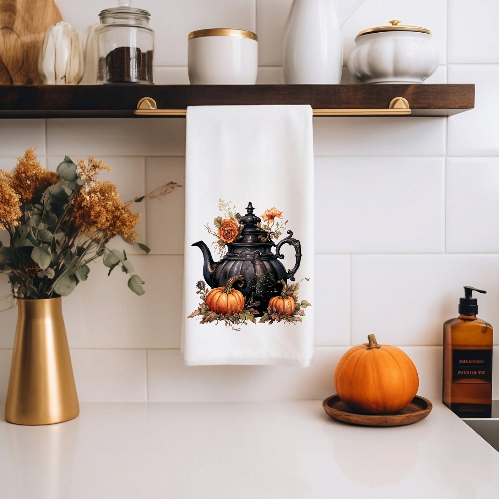 Vintage Gothic Halloween Teapot Tea Towel Vintage Halloween Pumpkins Witches Teapot Autumn Fall Kitchen Decor For Tea Lovers Kitchen Towel