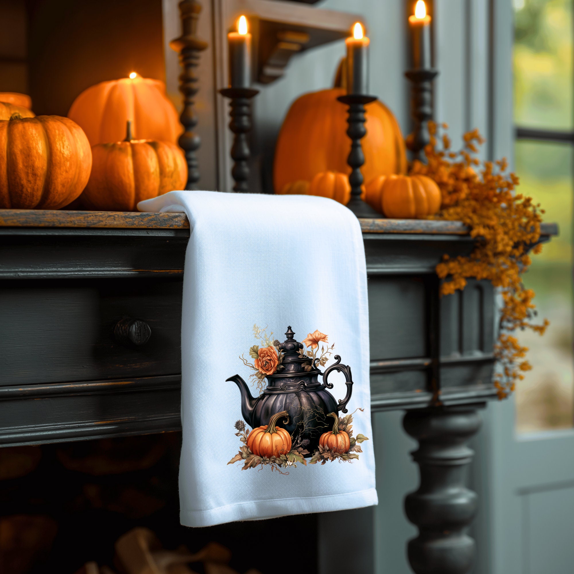 Vintage Gothic Halloween Teapot Tea Towel Vintage Halloween Pumpkins Witches Teapot Autumn Fall Kitchen Decor For Tea Lovers Kitchen Towel