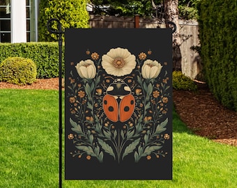 Bandera de jardín con mariquitas, estilo botánico oscuro vintage, decoración de verano