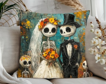 Halloween Wedding Throw Pillow Spooky Skeleton Bride & Groom Home Decor