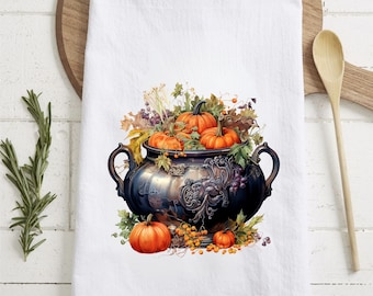 Halloween Cauldron Tea Towel Gothic Autumn Kitchen Decor