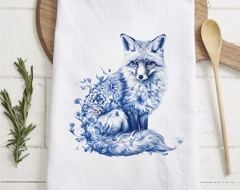 Toile French Blue Fox keukenhanddoek Floral Woodland Decor