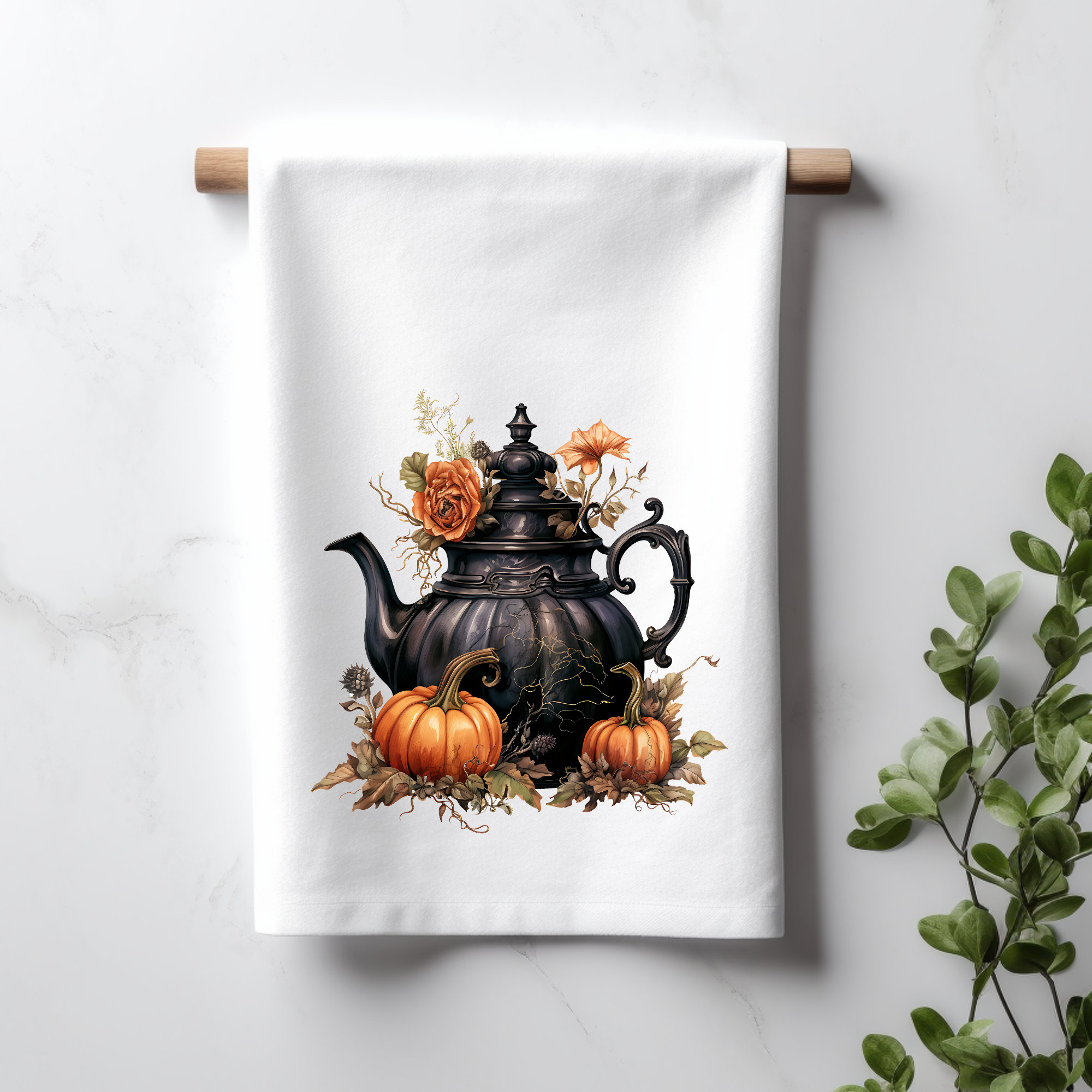 Vintage Gothic Halloween Teapot Tea Towel Vintage Halloween Pumpkins Witches Teapot Autumn Fall Kitchen Decor For Tea Lovers Kitchen Towel