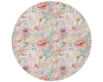 Pastel Cottagecore Floral Round Rug Soft Pink Wildflower Accent