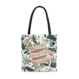 May include: White tote bag with a floral pattern and green books. The text on the bag reads "He is the Author and Finisher of my Faith."