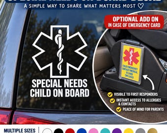Special Needs Child on Board Decal, Emergency Medical Alert Car Window Sticker, Vinyl Vehicle Decal, Special Needs Safety Sign