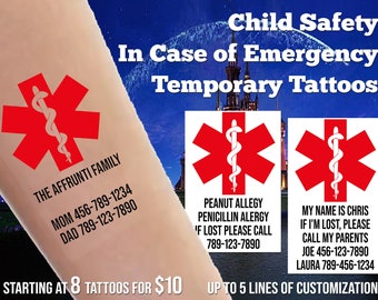 Child Safety Tattoo,  If Lost Please Call Tattoo, Emergency Contact Tattoo, Temporary Disneyland Disneyworld Tattoos, Autism Tattoo