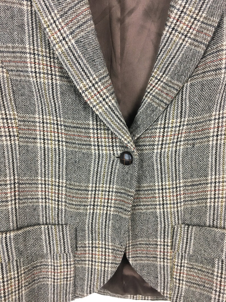 One Button Check Jacket Brown Jacket Vintage 80s. Size 8 US Women/'s Plaid Wool Jacket