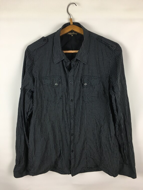 Long Sleeve Button-Front Dress Shirt Checkered Bla