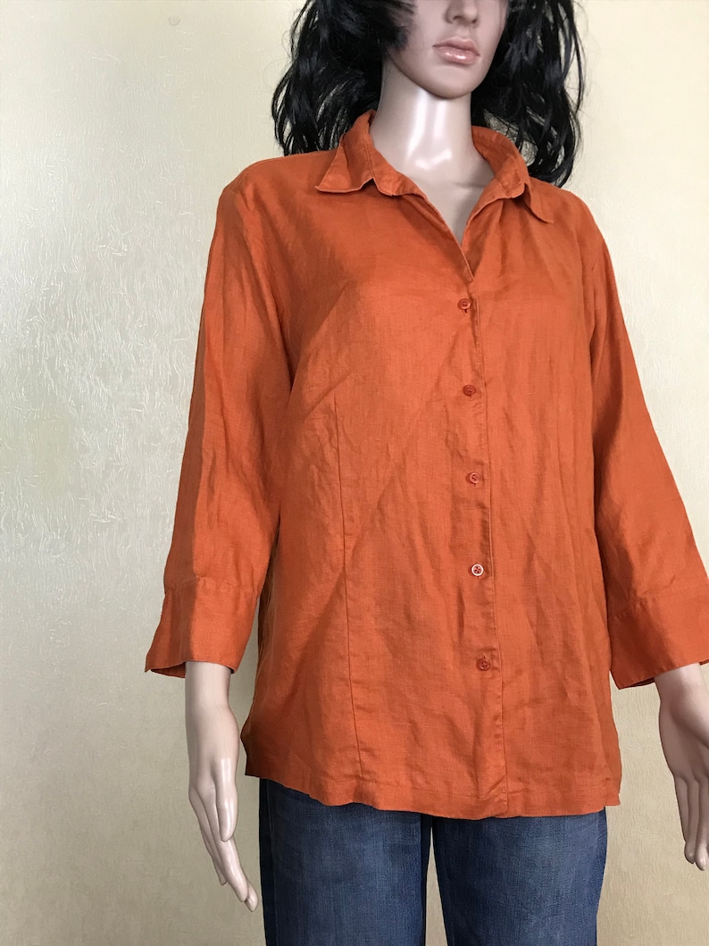 vintage 90s size XL collared blouse with 34 sleeves Marco Pecci linen blouse women/'s orange shirt