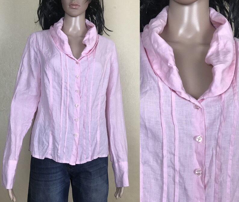 Linen Jabot Shirt Pink Linen Blouse 90s Great Condition Size L Simple Linen Blouse Summer Blouse