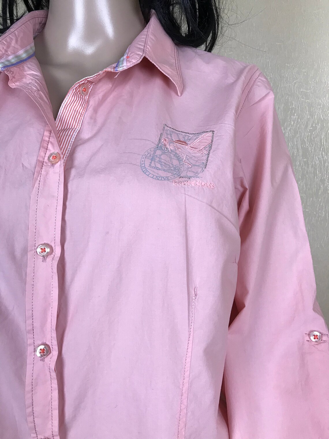 Women's Pink Long Sleeve Shirt Cotton Casual Collared Etsy