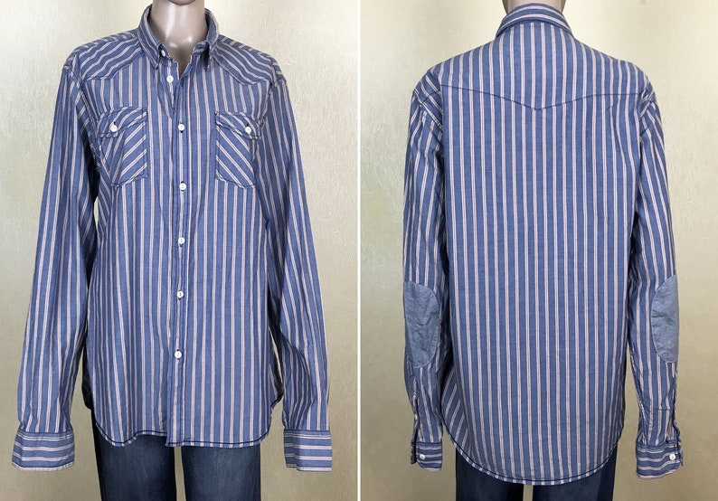 Men/'s Striped Shirt with Long Sleeves Casual Cotton Shirt 90s Vintage Size L
