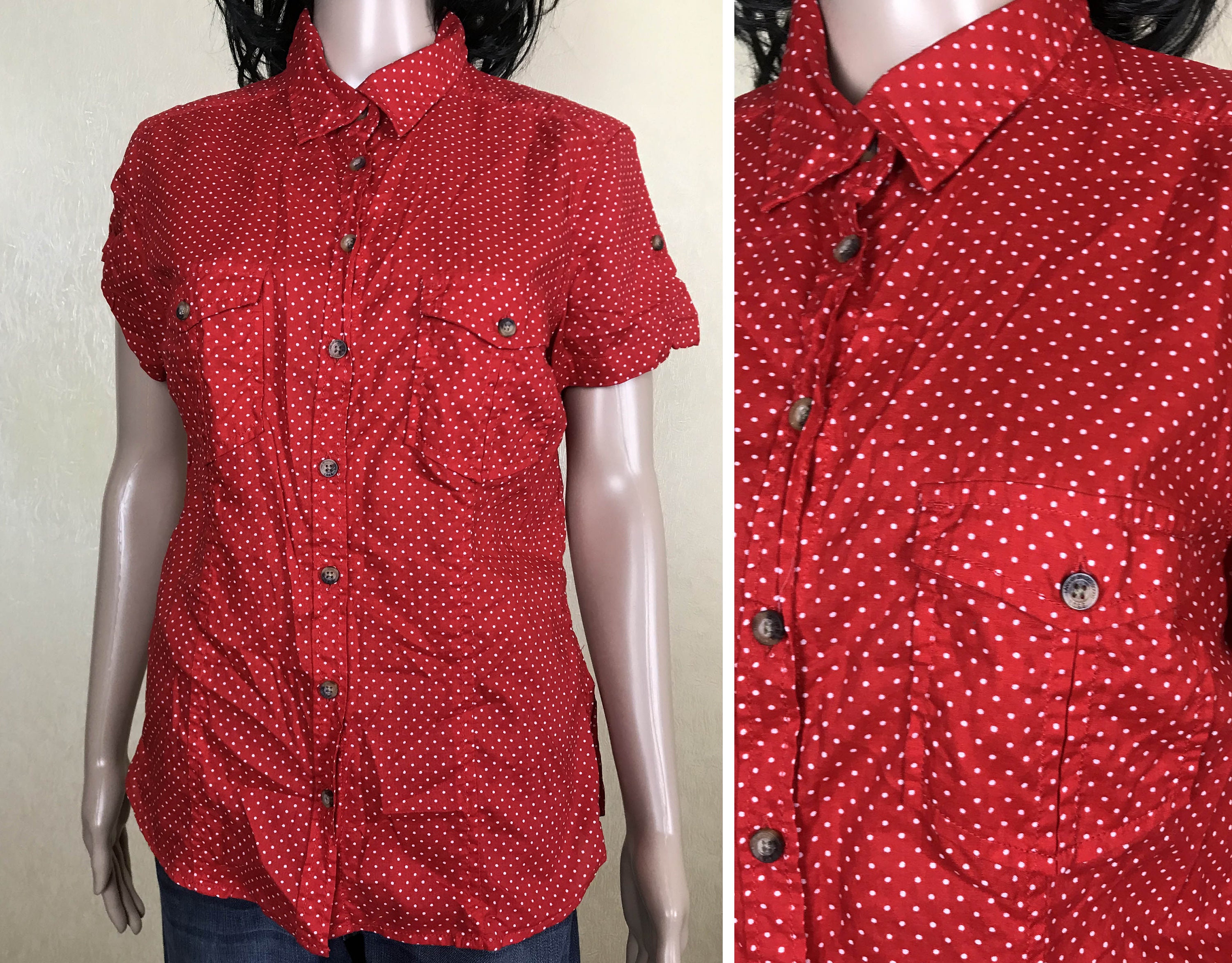 red polka dot shirt womens