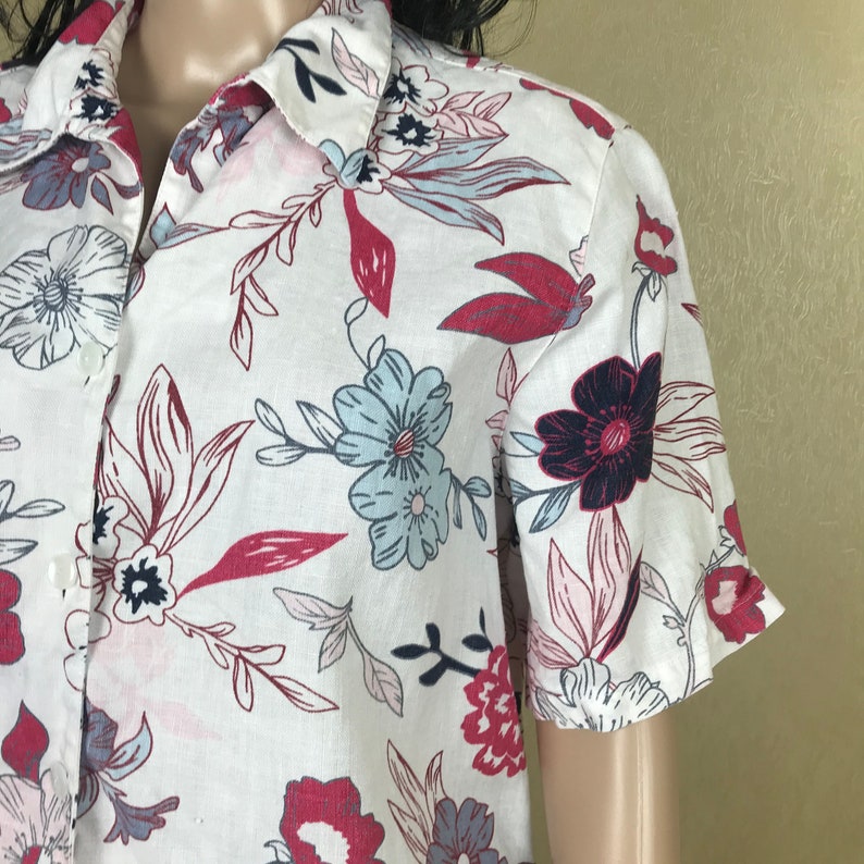 Plus Size Women/'s Floral Linen Shirt by BONITA 90s Vintage Size XL