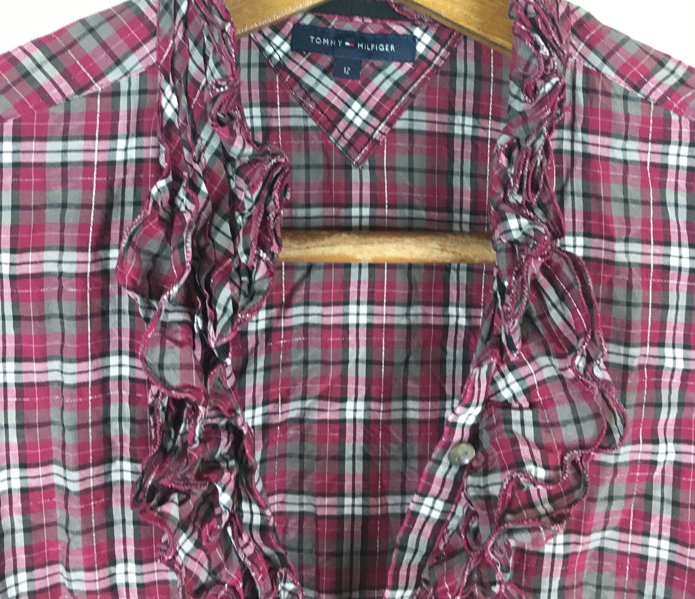 ruffle neck plaid blouse