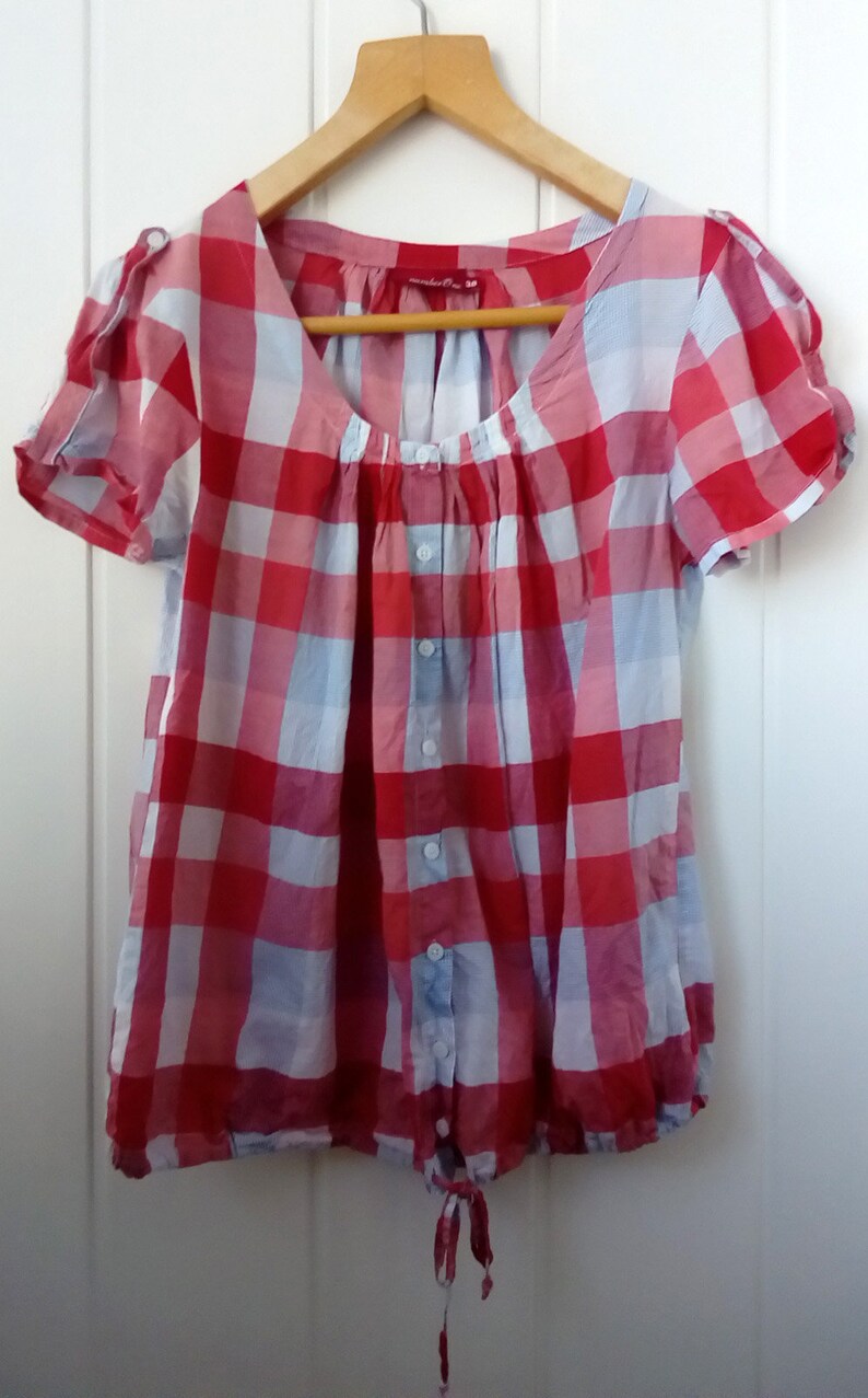 Red Blouse Summer Blouse Women/'s Blouse Short Sleeve Vintage White Blouse 1990/'s Cotton Blouse Vintage Blouse 90/'s Retro Blouse Women/'s Tops