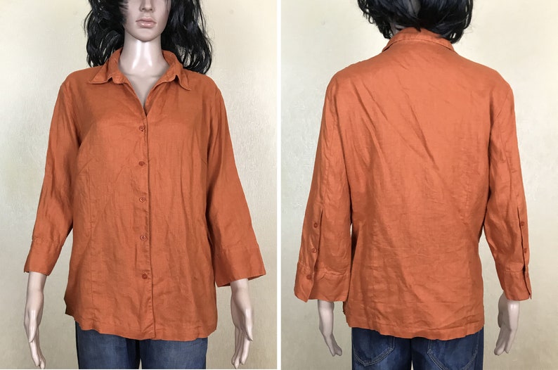 vintage 90s size XL collared blouse with 34 sleeves Marco Pecci linen blouse women/'s orange shirt