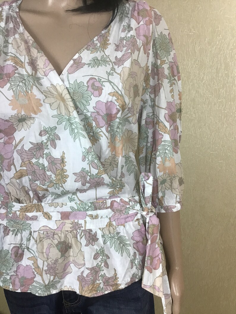 Floral Shirt Abstract Print Blouse Light Blouse Vintage Blouse 80s 90s Top Minimal Blouse Floral Blouse Short Sleeve Blouse Women/'s Size M