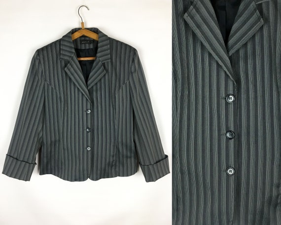 Vintage striped formal suit black blazer Size M retro woman jacket