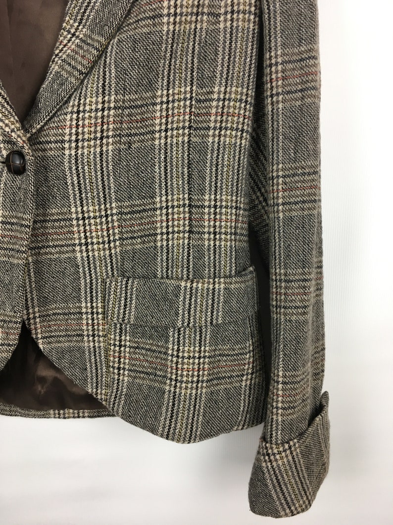One Button Check Jacket Brown Jacket Vintage 80s. Size 8 US Women/'s Plaid Wool Jacket