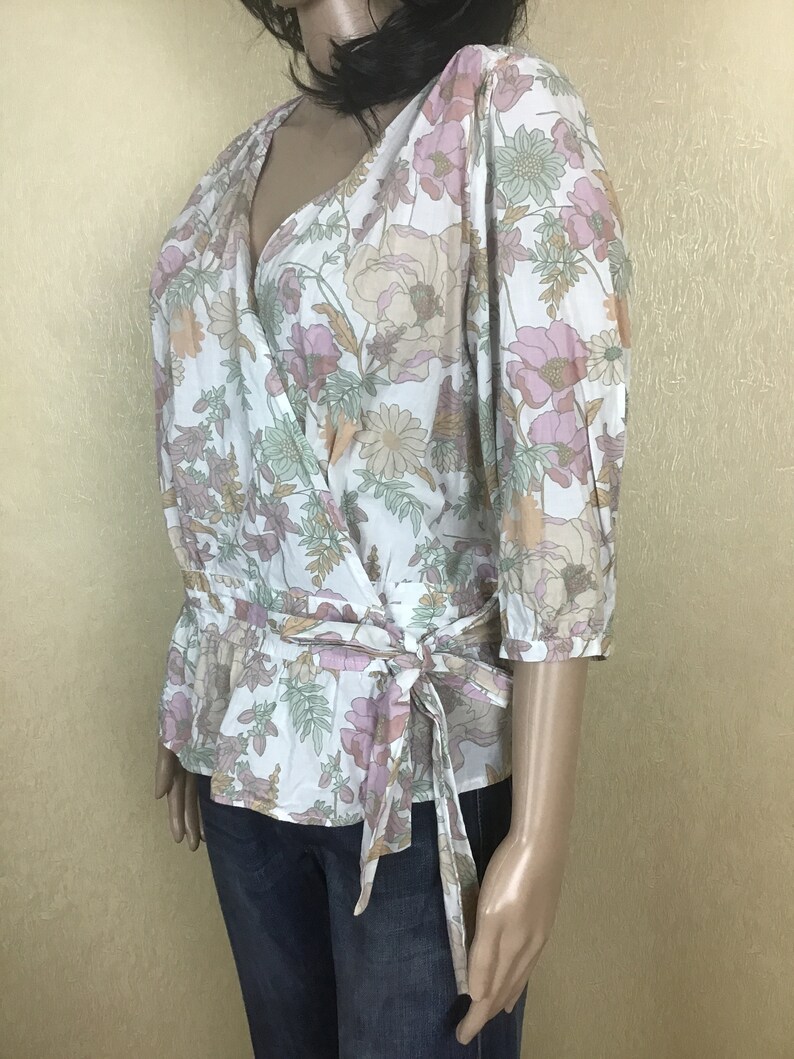 Floral Shirt Abstract Print Blouse Light Blouse Vintage Blouse 80s 90s Top Minimal Blouse Floral Blouse Short Sleeve Blouse Women/'s Size M