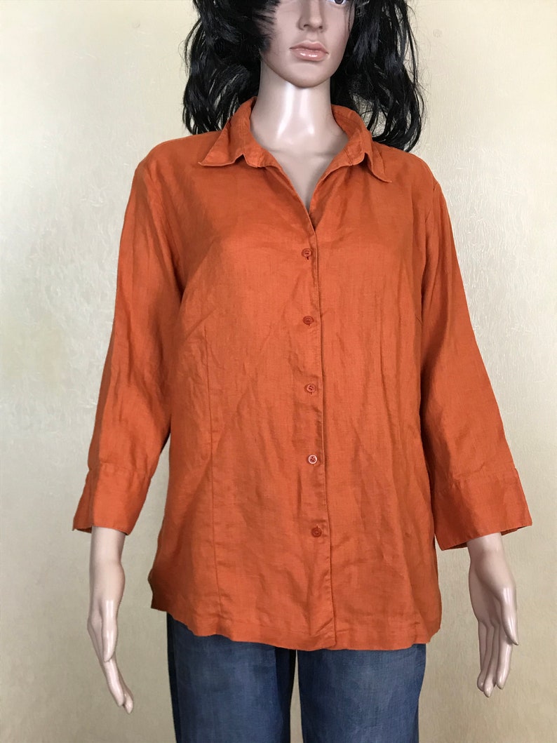 vintage 90s size XL collared blouse with 34 sleeves Marco Pecci linen blouse women/'s orange shirt