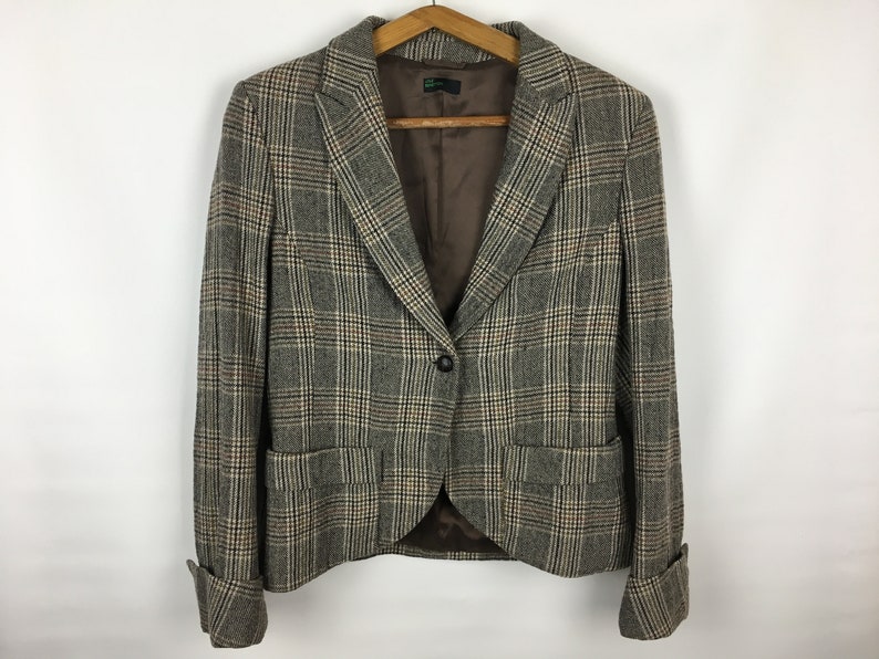 One Button Check Jacket Brown Jacket Vintage 80s. Size 8 US Women/'s Plaid Wool Jacket